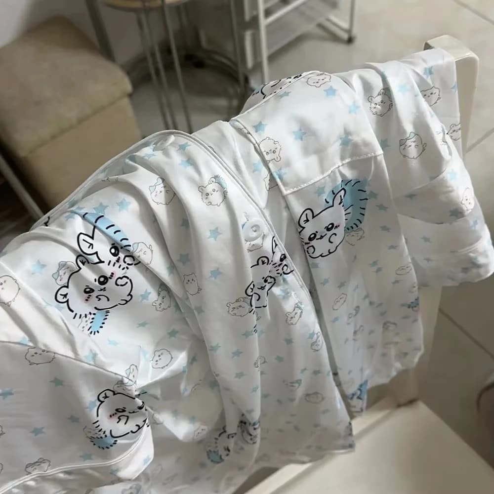 Japanese Y2K Chiikawa Momonga Sleepwear Set Thin Style T-Shirt Long Sleeves Sweet Cute Girl Loose Student Comfort Homewear Gift