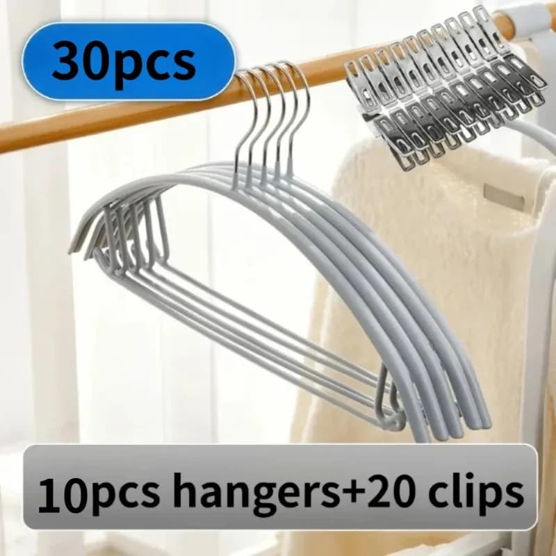 30pcs(10 Hangers+20 Clips),Matching Fix Clips,Gray Soft Shoulder Cushions, Prevent Clothes From Slipping Deforming Hanger