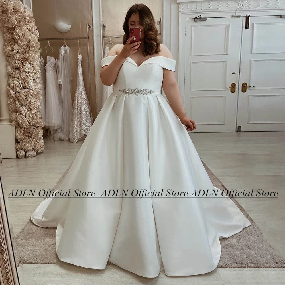 ADLN donna Plus Size abiti da sposa con spalle scoperte scollo A V cintura di perline una linea tasca abito da sposa in raso abito da sposa personalizzato