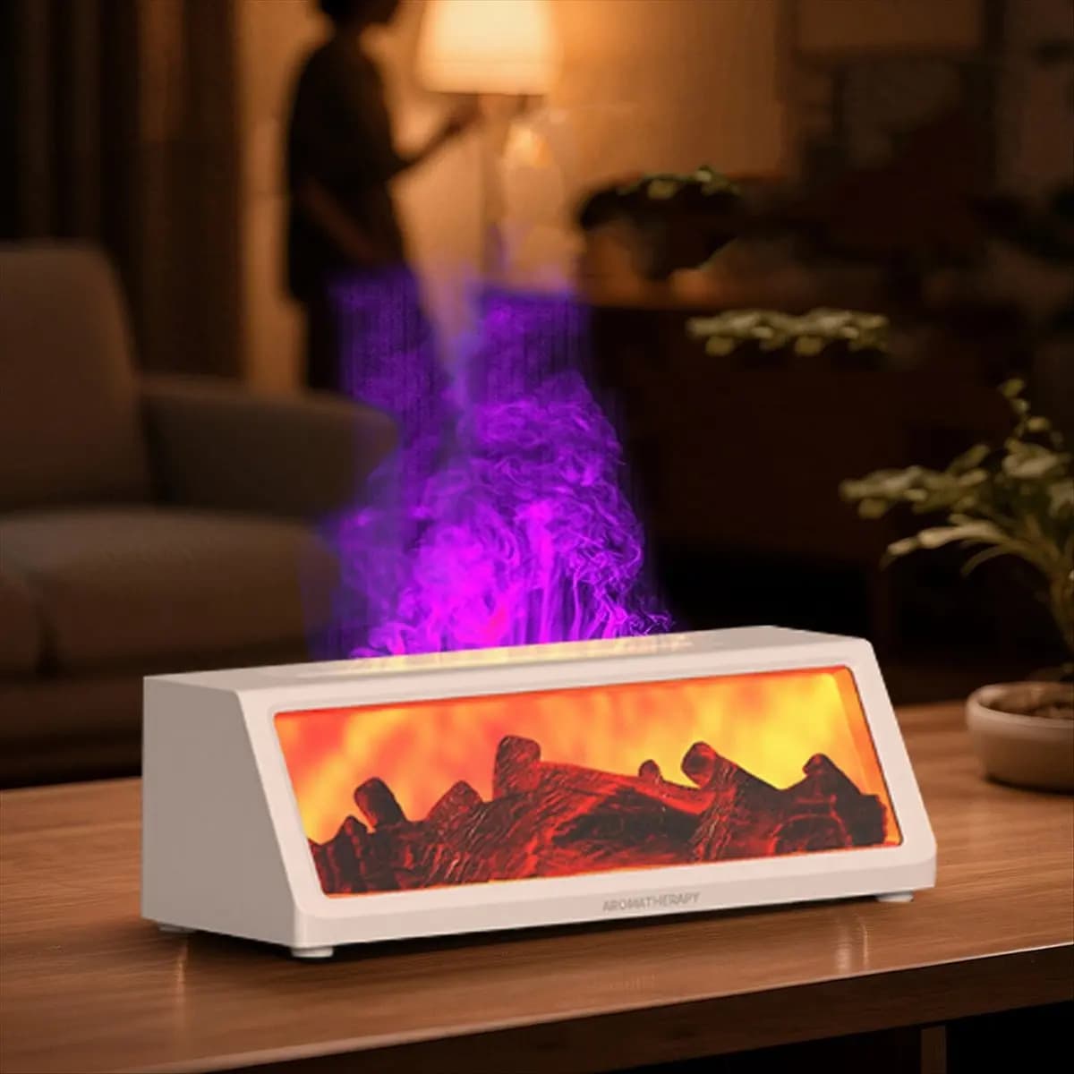 (A64E) Umidificatore con Fiamma Simulata di Caminetto, Diffusore di Aromi da Tavolo con Effetto Fiamma di Legno