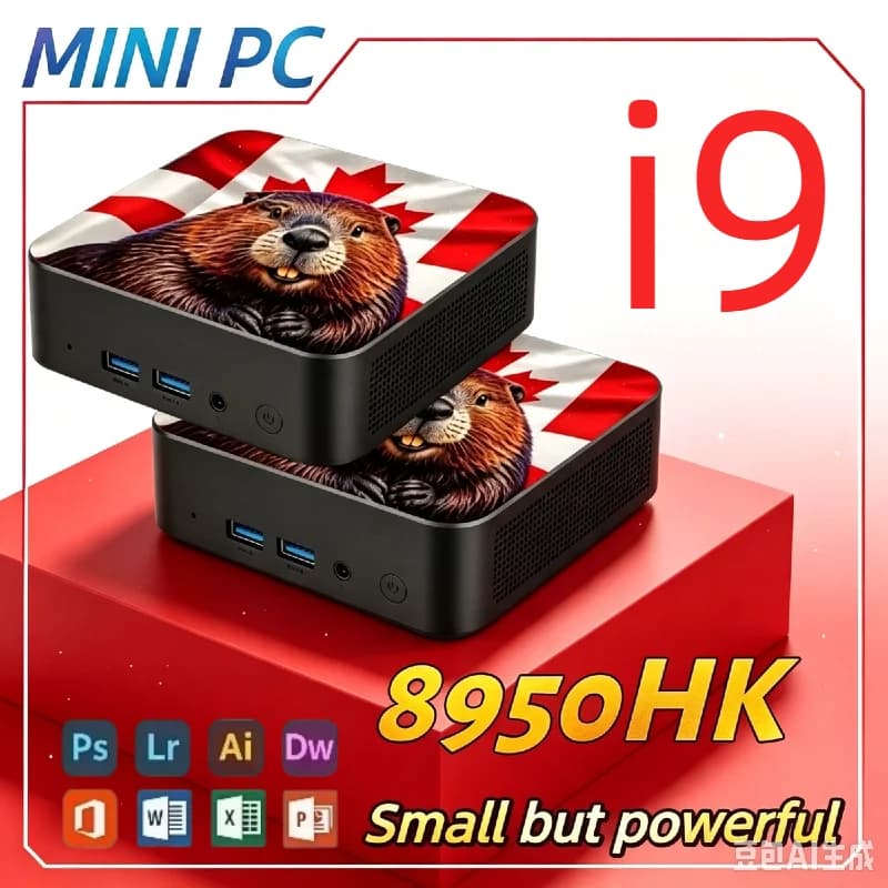 2026 New Ultra‑Slim Mini PC Canada Flag Intel i9‑8950HK 16GB RAM 2TB SSD Compact Desktop for Study Office Light Gaming Use