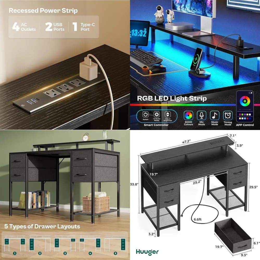 Scrivania da Gaming Grande 47 Pollici con 4 Cassetti, Luci LED e Prese di Corrente, Nera, Ideale per Ufficio Domestico e Camera da Letto