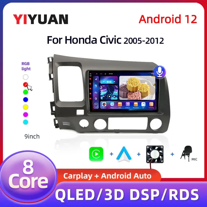 9 "Android 13 Carplay Autoradio per Honda Civic 8 2005 - 2012 Lettore multimediale Navigazione GPS 2 Din 4G Audio DVD