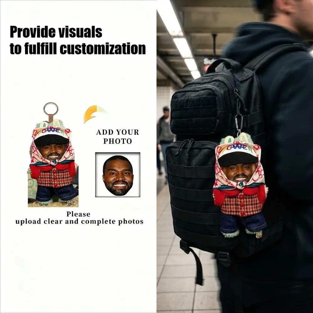 Divertente Kanye West Doll Portachiavi Hip Hop Layeye Figura Plaid Outfit Denim Jeans Ciondolo Borsa per auto Fascino Peluche Regalo per i fan