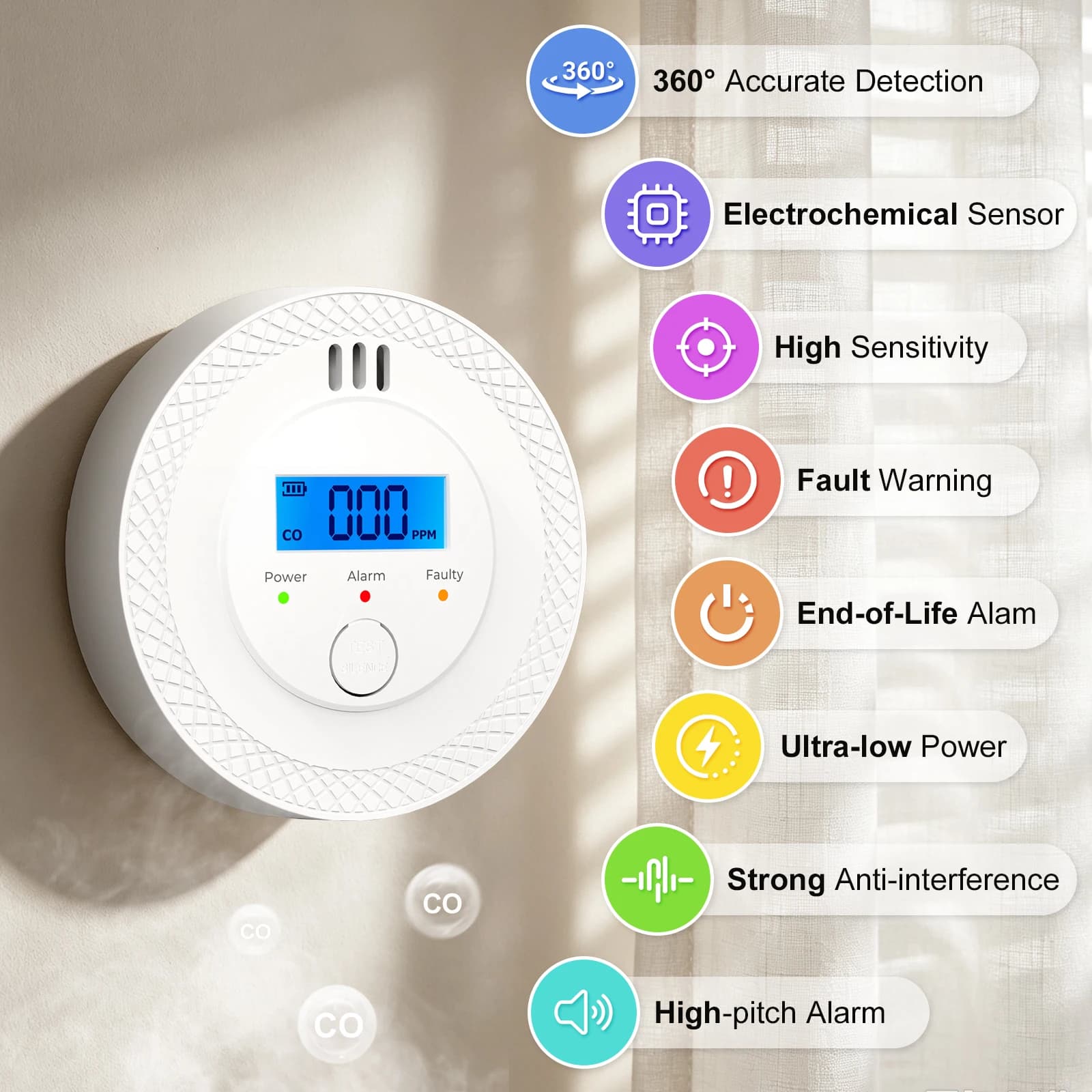 Independent Carbon Monoxide Detector LCD Display DC 3V Battery Powered Fire CO Gas Monitor Alarm Apartment Home Security