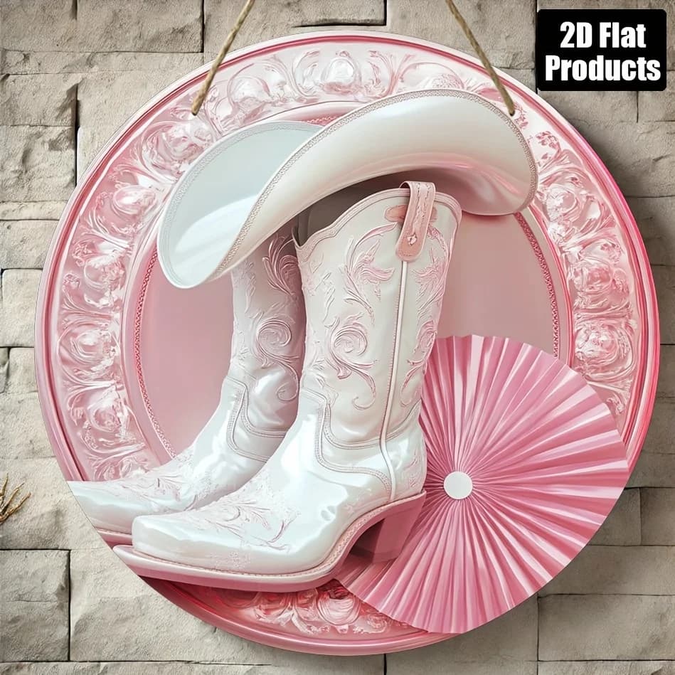 2D Metal Sign, Pink Cowboy Boots Hat Metal Wall Art, Bar Kitchen Coffee Home Office Decor 8x8