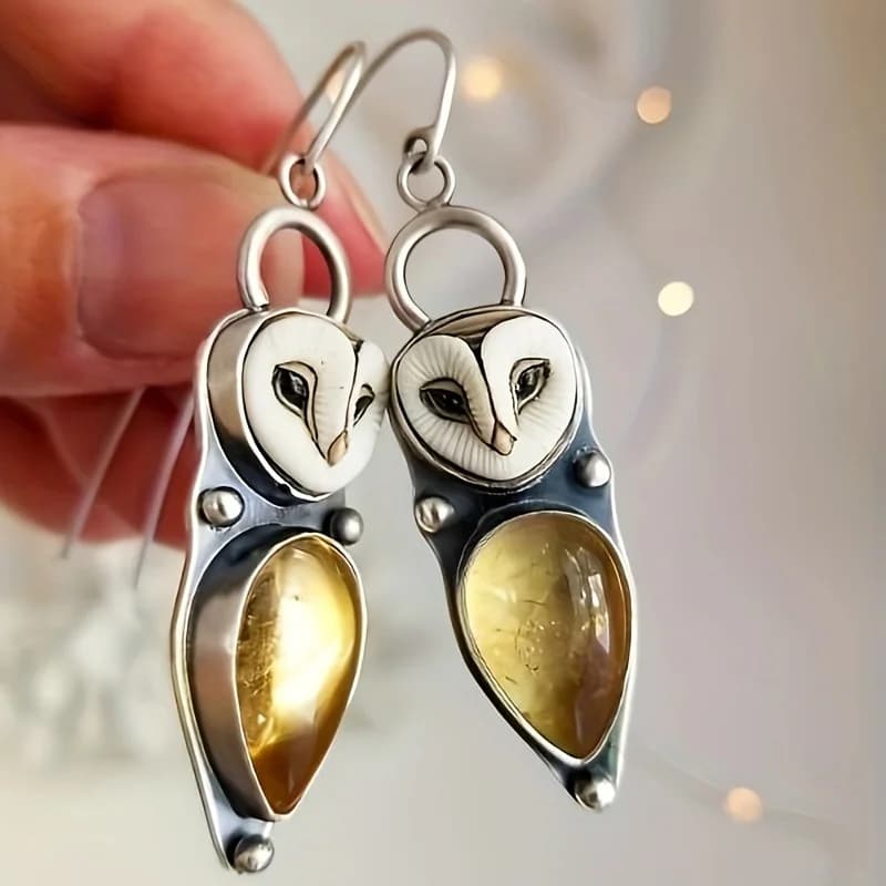 Vintage Owl Design Synthetic Gems Inlaid Dangle Earrings Bohemian Party Style Alloy Jewelry Creative Female Earrings@E1569-1