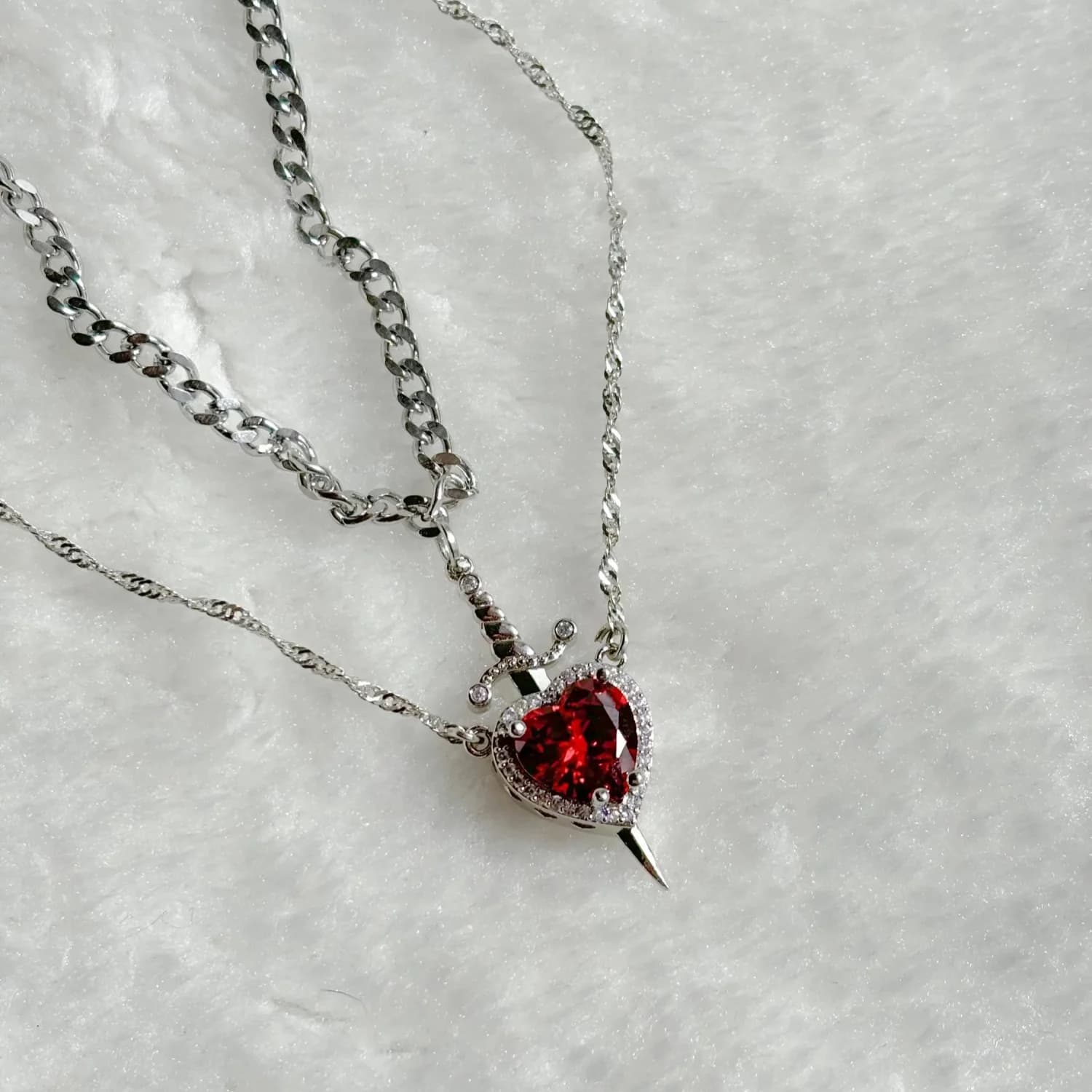 Chic Heart & Sword Couple Necklaces - Stainless Steel with Cubic Zirconia, Perfect for Daily Wear or Parties - Y2K/Goth Style, Ideal Gift for Christmas & Valentine's Day