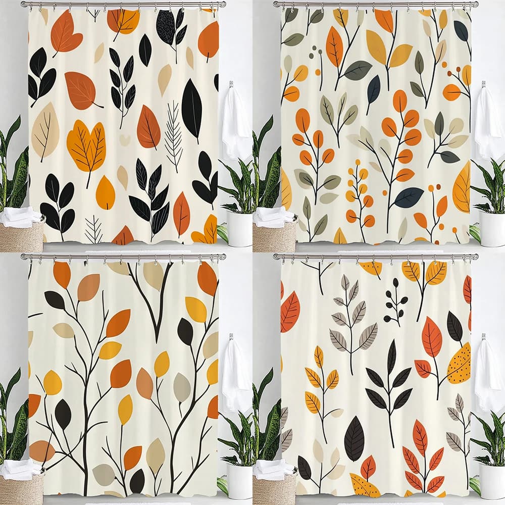 Minimalist Autumn Orange Yellow Black Fall Leaf Branch Geometric Botanical Pattern Shower Curtain Waterproof Mildew Resistant Po