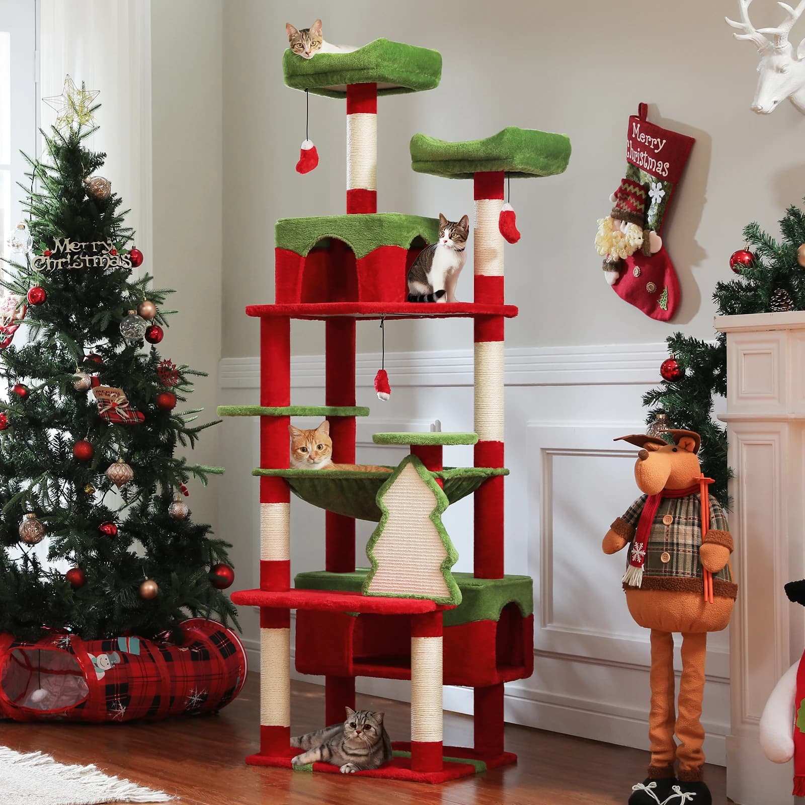 Christmas cat tree with sisal cutter Spacious hammock condo High tower for cats big for bed for cats Indoor toys for cats