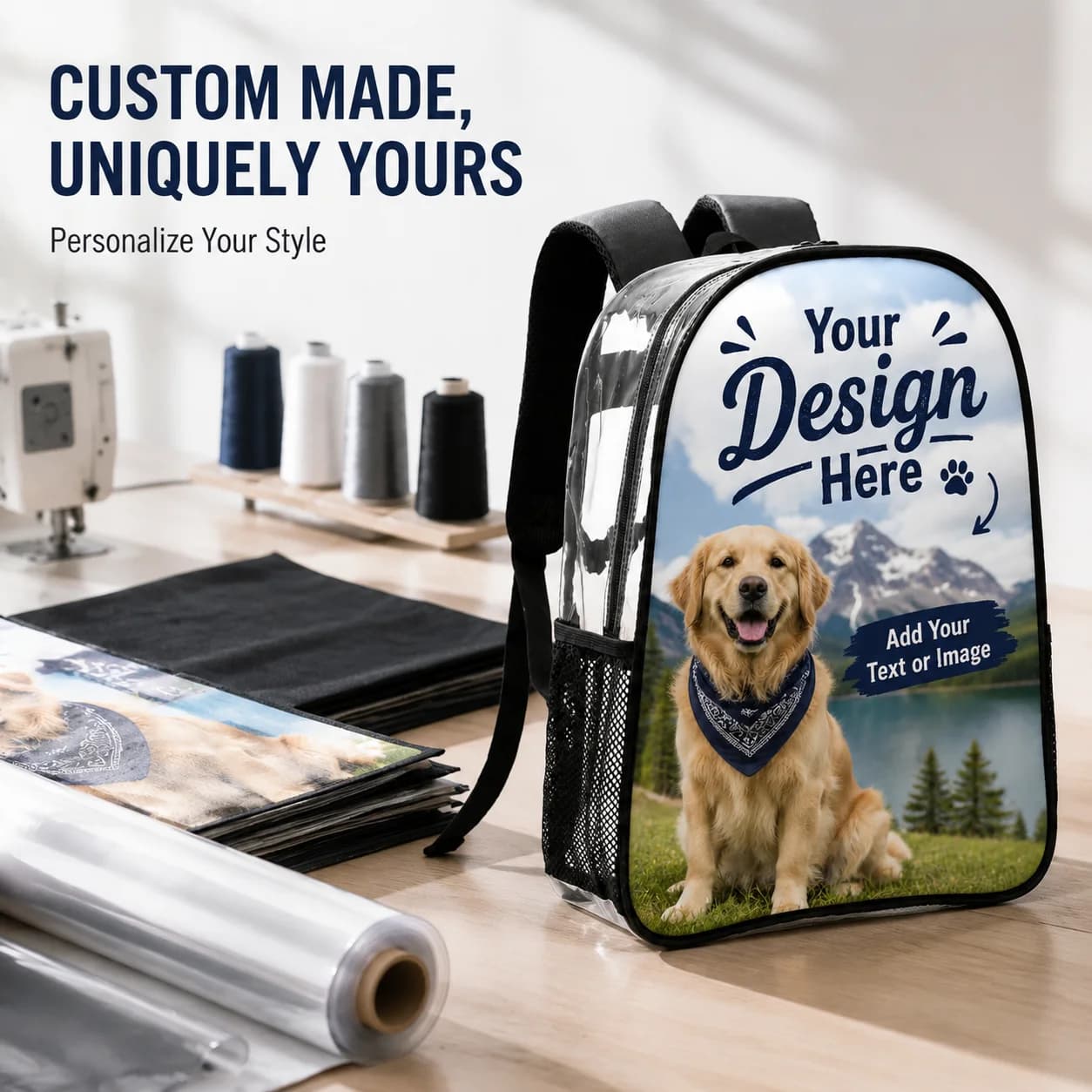 Clear PVC Custom Photo Backpack Stadium Concert Approved Side Mesh Pocket Waterproof School Travel Bag