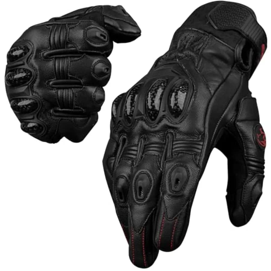 Leather Motorcycle Gloves for Men - Carbon Fiber Knuckle Protection, Motorbike Powersports, Dirt Bike, Touchscreen Compatible,