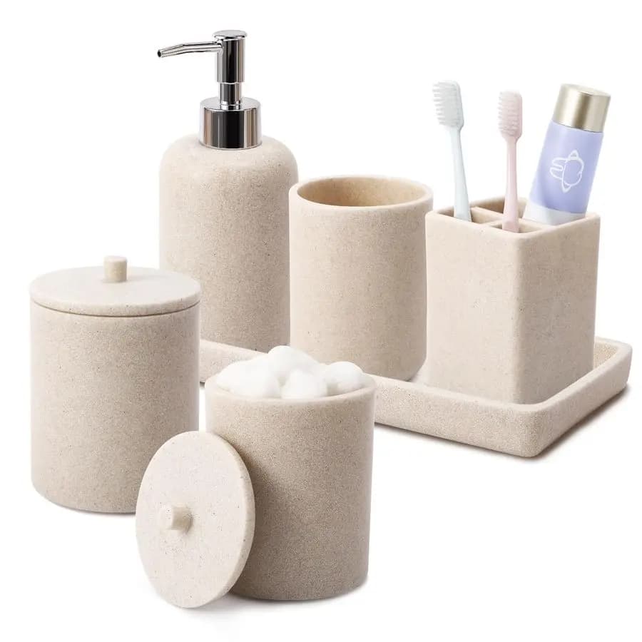 Set Bagno Beige 6 Pezzi Completo con Portaspazzolino, Dispenser Sapone Liquido, 2 Dispenser Porta Bastoncini Q-tip, Vassoio da Bagno, Accessori Bagno