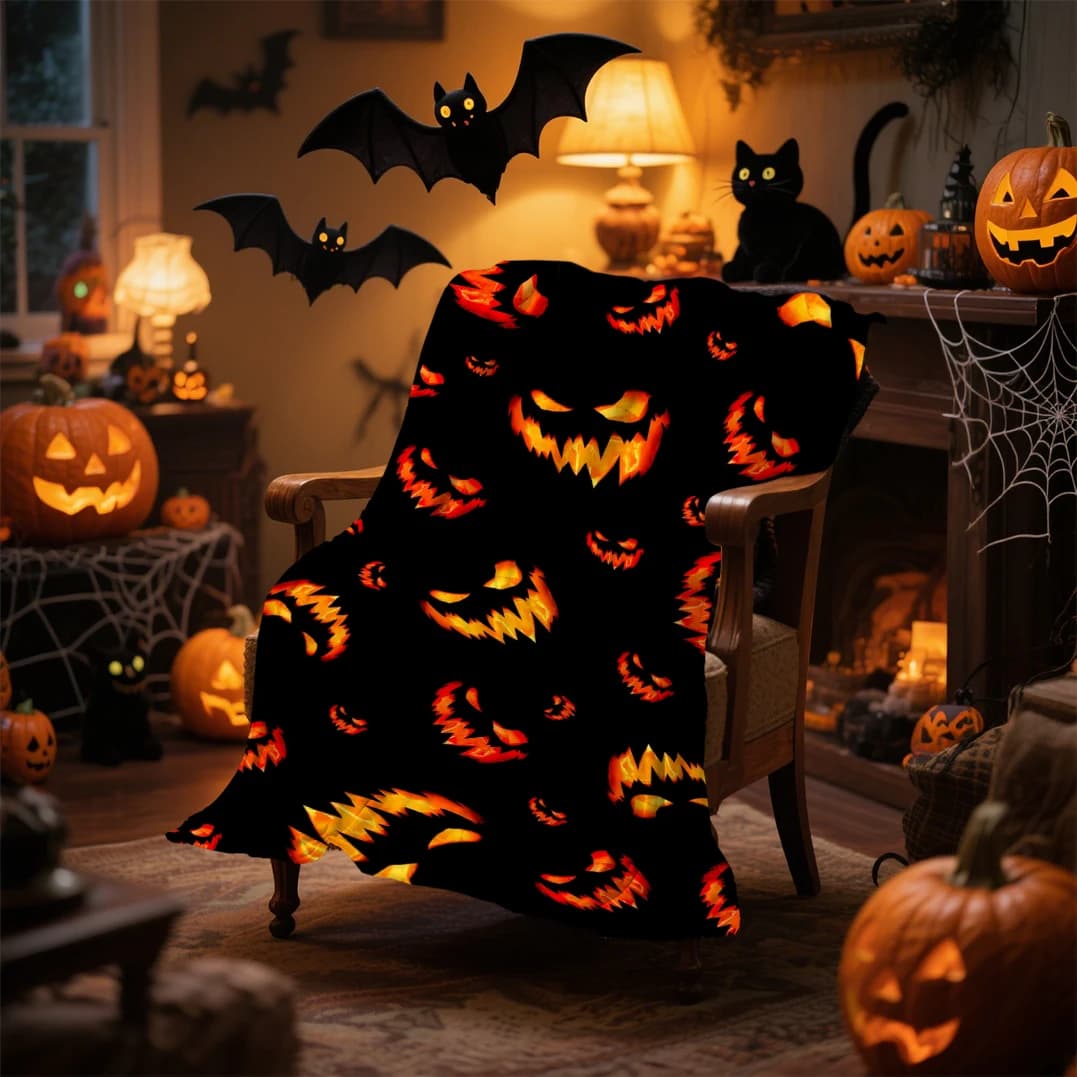 1pc Nero Orenge Coperta di Halloween Zucca Teschio Pipistrelli Stampato Coperta morbida per la pelle 2025 Nuovo per la decorazione domestica di Halloween