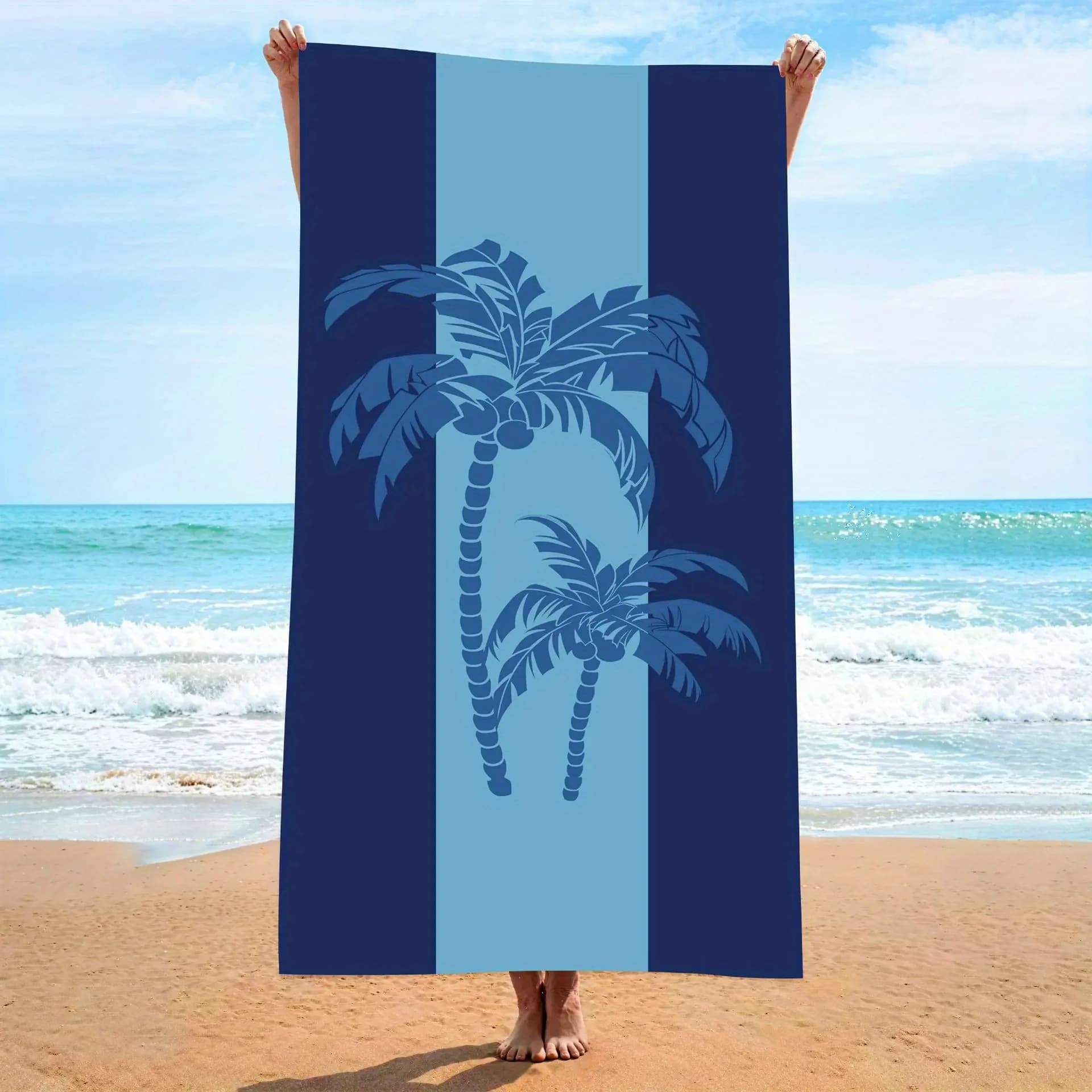 Asciugamano da spiaggia con motivo a palme a righe blu, protezione solare, antivento, adatto per piscina, campeggio, coperta da viaggio