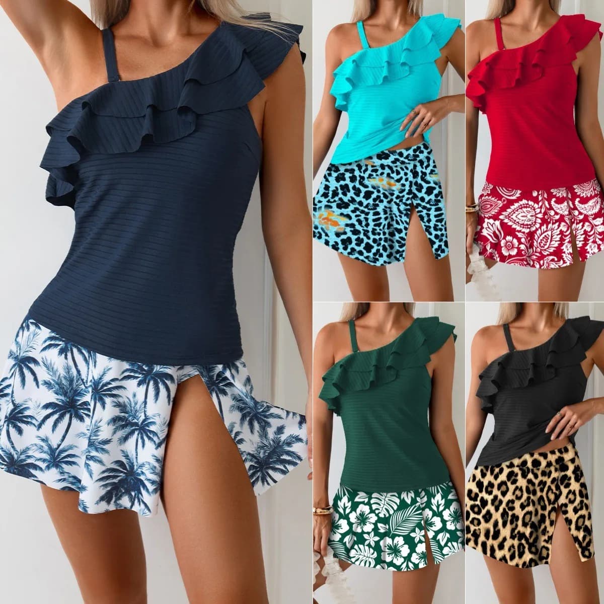 Costume da bagno tankini da donna, top corto senza maniche con volant, tessuto a costine, set tankini con gonna a trapezio a stampa leopardata, due pezzi.