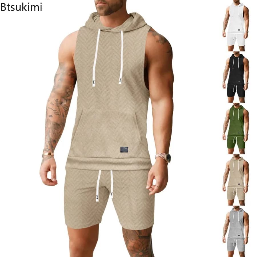 Completo da Uomo Casual 2 Pezzi 2026: T-shirt Jacquard Lavorata a Maglia, Gilet Senza Maniche con Cappuccio e Pantaloncini Elastici per Jogging e Fitness