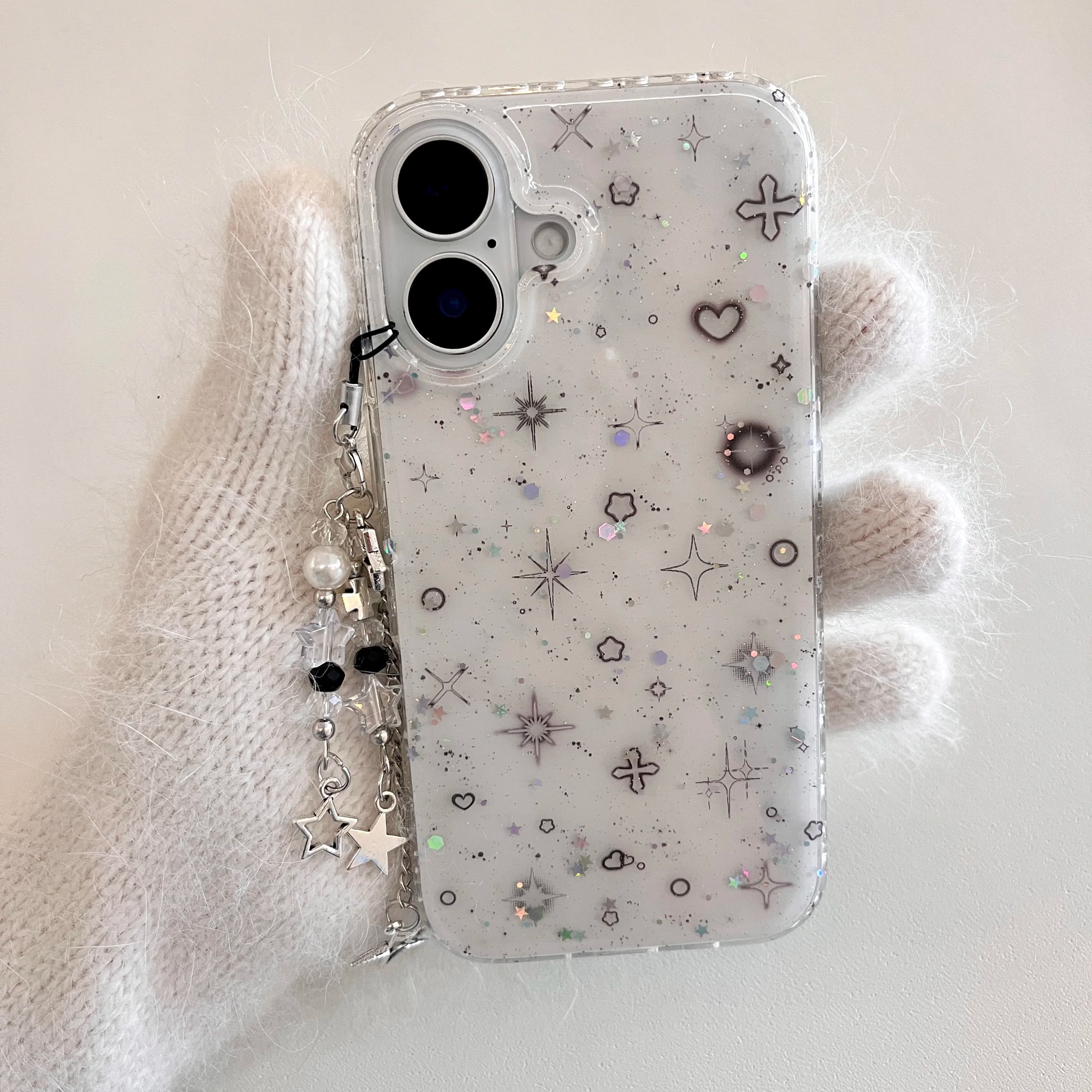 Korean Ins Sparkling Gray Star Love Heart Pendant Phone Case for iPhone 16 15 14 13 Pro Max Back Cover Funda