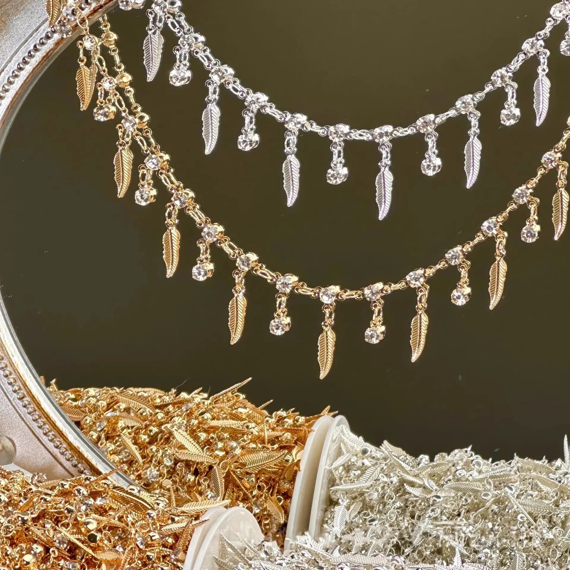 0.5/1/2Meter KC Gold color and silver color trident diamond feather chain for Bracelet Body Chain DIY Jewelry Making Accessories