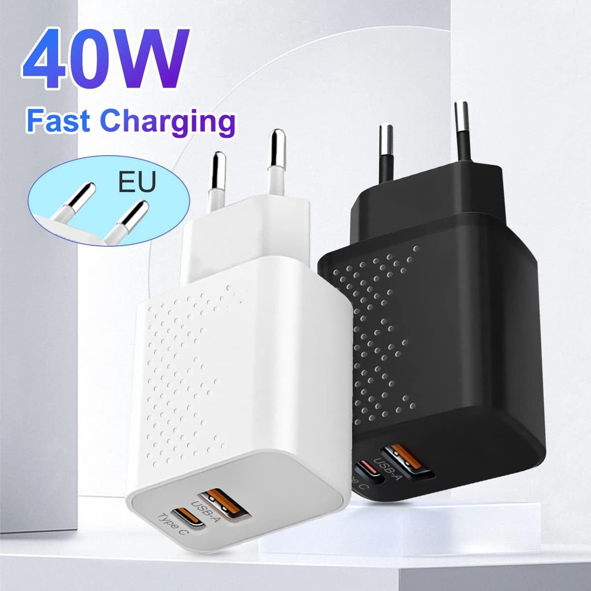 PD 40W Fast USB Charge Charger 2Ports EU Plug Wall Charger Adapter For iPhone 15 14 13 Xiaomi Samsung USB C Phone Charger
