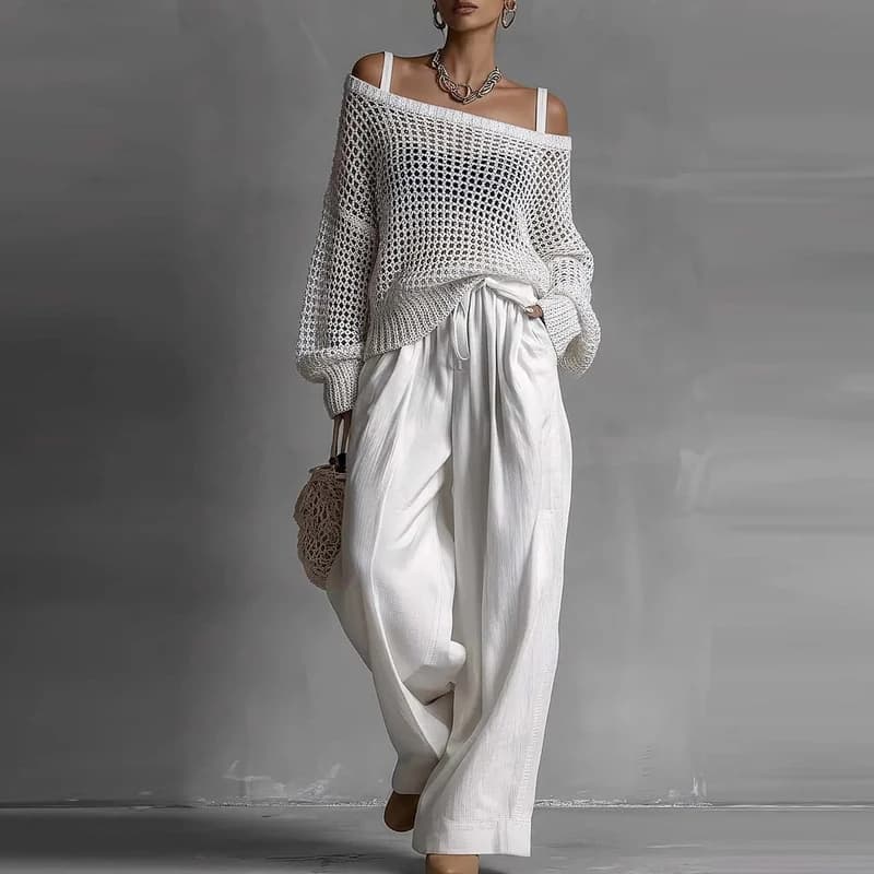 Completo Casual Lavorato a Maglia 2 Pezzi Primavera Estate 2026, Abito da Spiaggia Scavato, Maglione Sexy con Spalle Scoperte e Pantaloni con Lacci da Donna