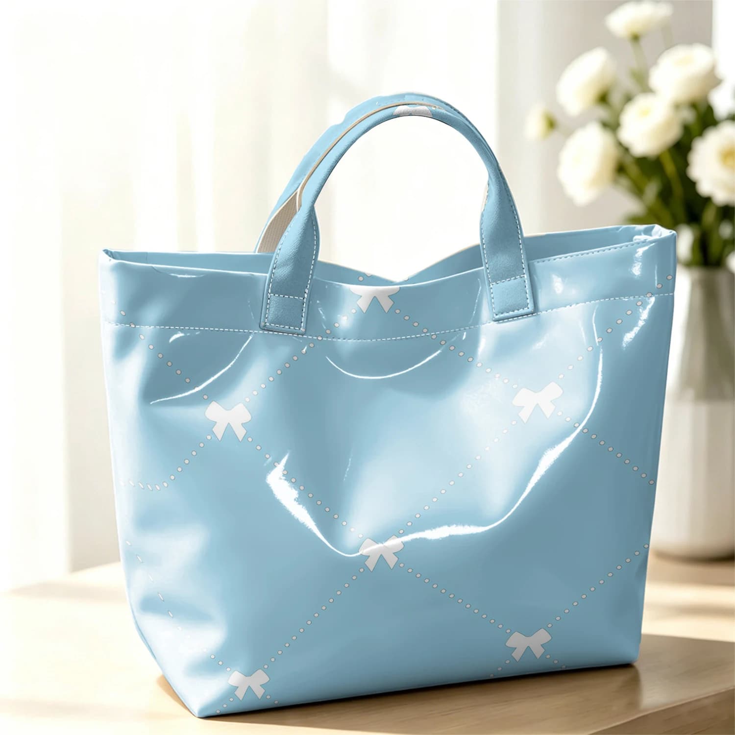 Diamond Dot Bow Cute Large Glossy PVC Tote Bag Hand Washable Lightweight Soft Great for Travel Commute Makeup Storage Handbags