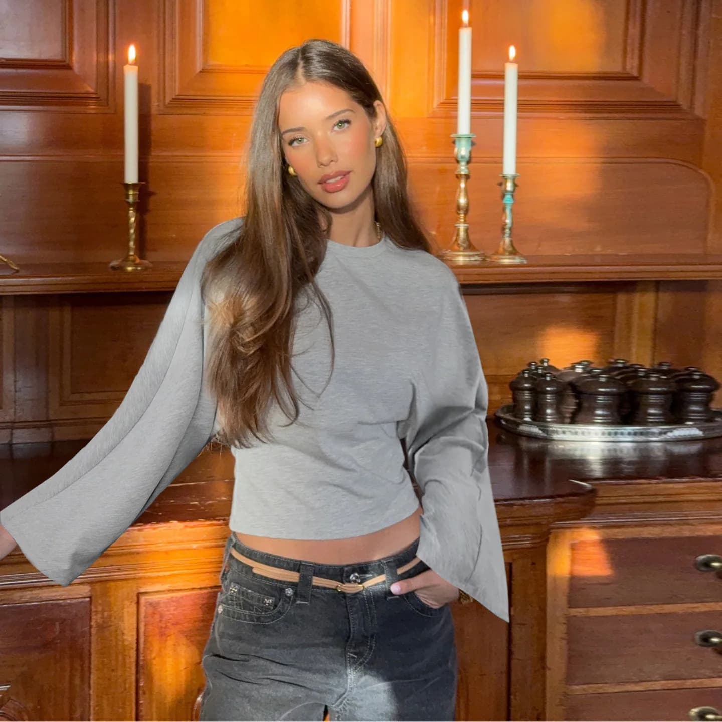 Elegante Solido Allentato Basic Crop Top Moda Donna Pieghettato O-Collo Autunno Manica Lunga T-shirt Casual Pendolarismo 2025 Pullover Tees