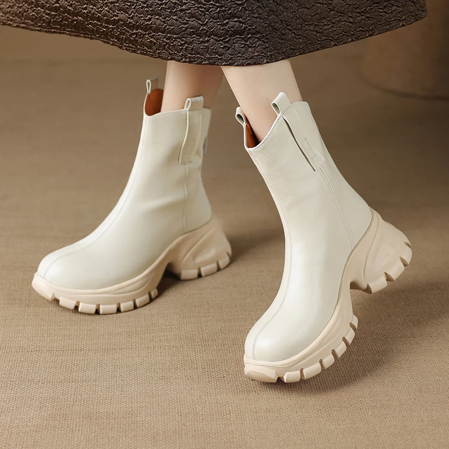 2026 new autumn winter women ankle boots natural leather plus size 22-25cm cowhide round toe thick heel platform western boots