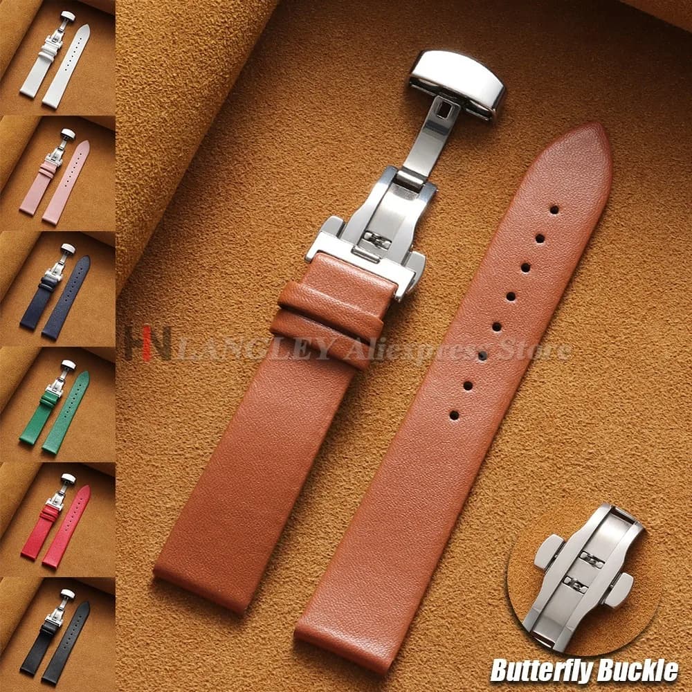 12/14/16/18/19/20/21/22mm Calfskin Watch Band Ultra-thin Genuine Leather Strap Butterfly Buckle for Men Women Watch Accessories