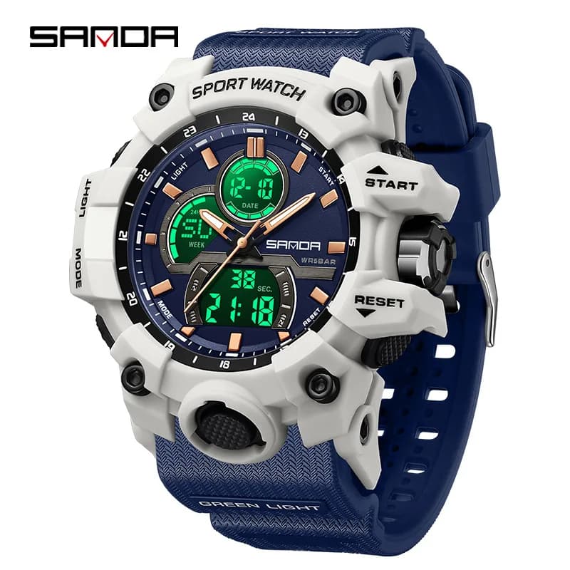 SANDA 6198 Men's Electronic Watch Fashion Cool Outdoor Sports Waterproof Double Display Silicone Strap Wrist Watch for Men Boy