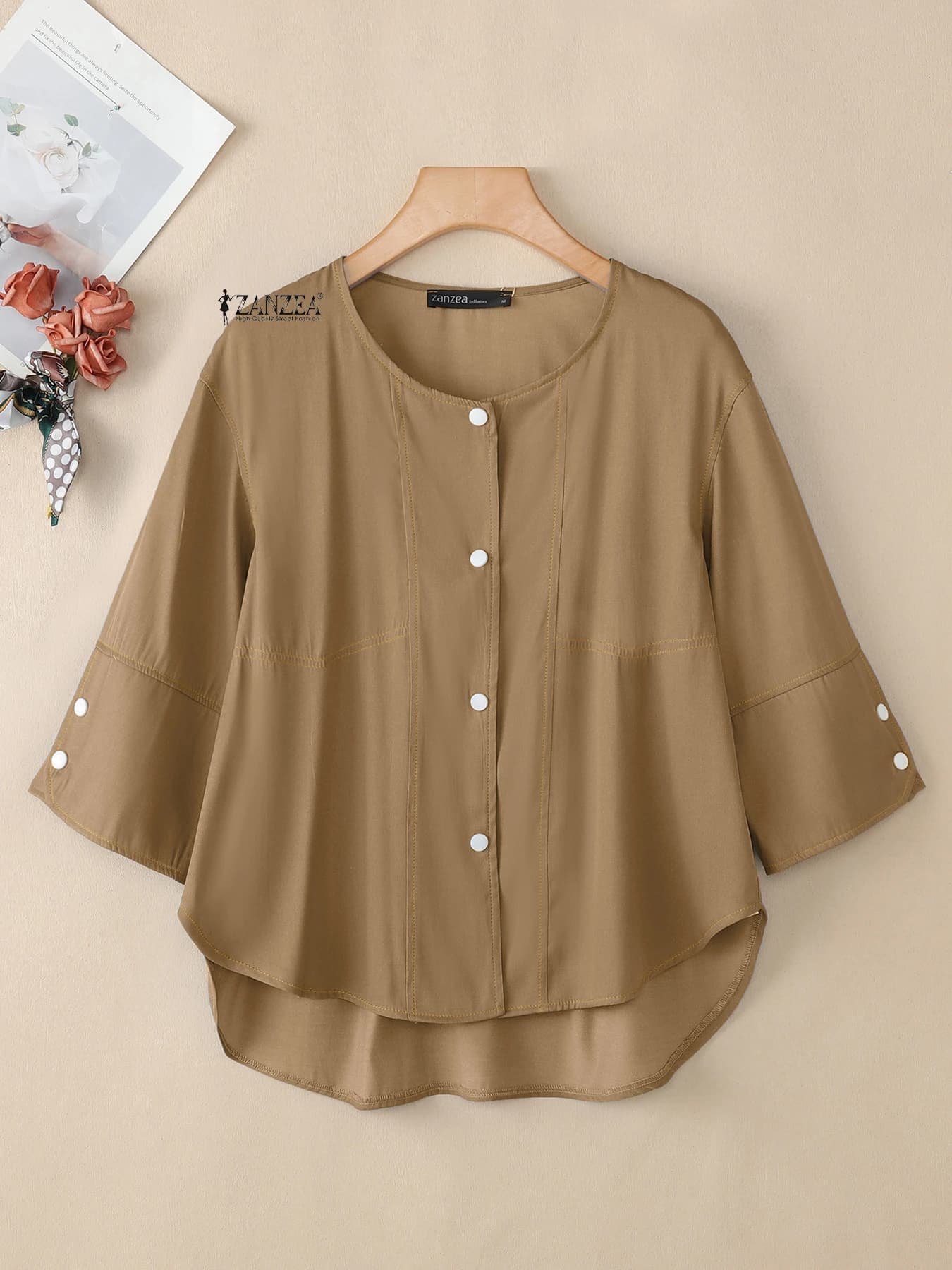Women's Plus Size Shirts ZANZEA Cardigan 2025 Fashion Sleeve 3/4 Fashion Solid Shirts Fashion Autumn Buttons Random loose and elegant Top