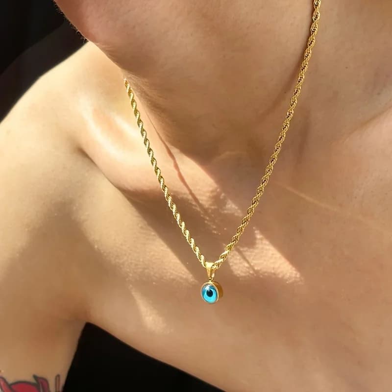 1 Occhio del Diavolo | Collana a Catena Intrecciata, Collana da Uomo alla Moda con Ciondolo a Occhio Premium Personalizzato