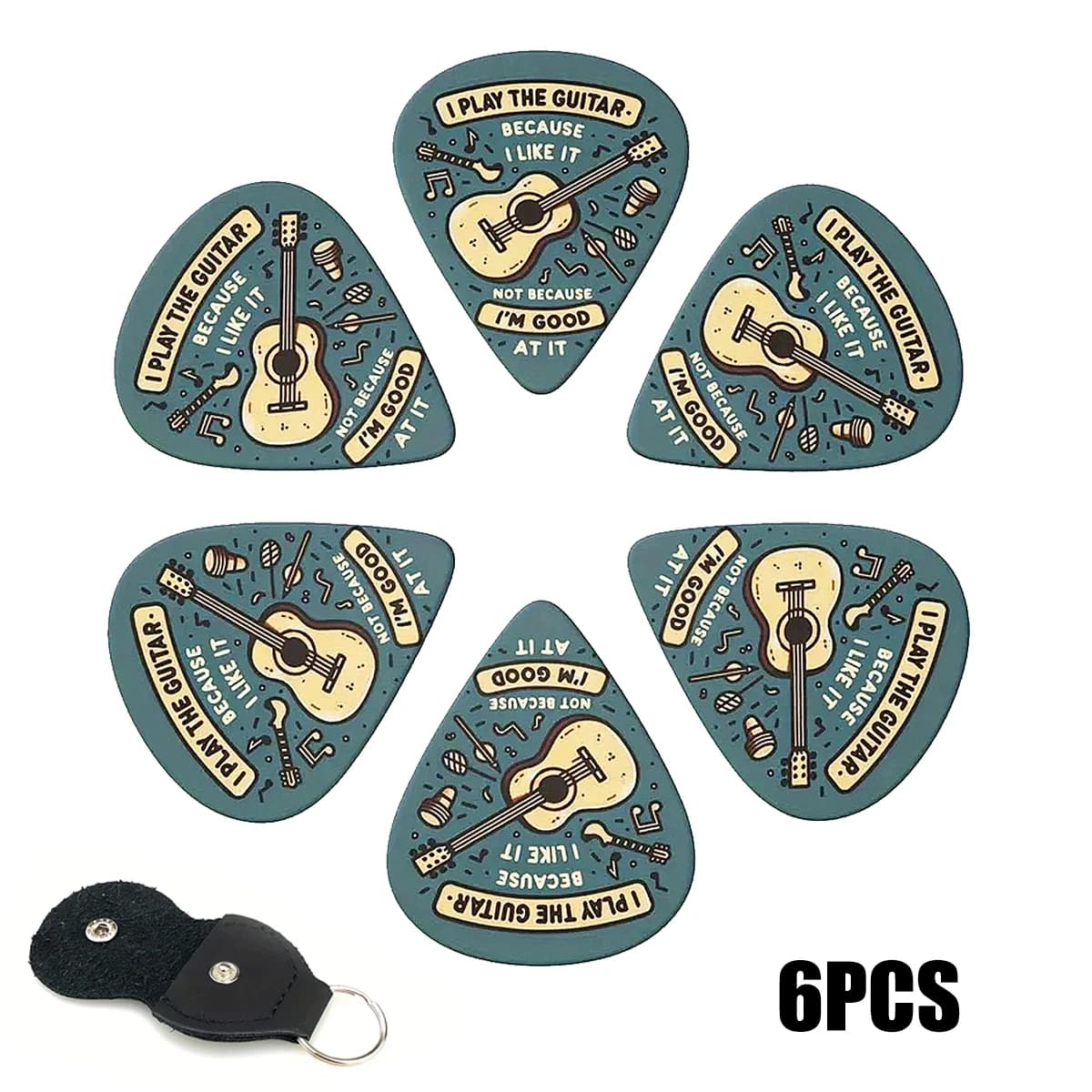 Miwayer 6Pcs ABS Guitar Picks – Cartoon Guitar & Inspiring Quote “I play guitar because I like it”, 0.46/0.71/1.0mm, with Pouch