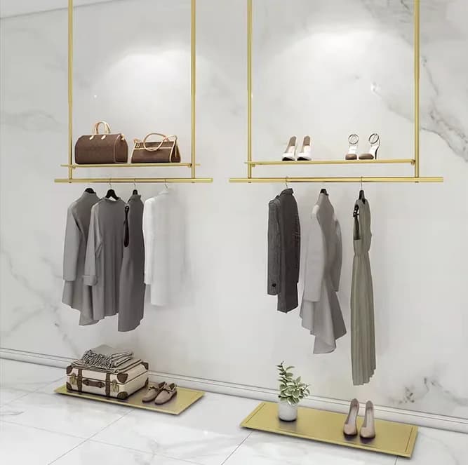 Espositore per negozio di abbigliamento, sospeso al soffitto, appendiabiti, appendiabiti dorato, mensola a muro