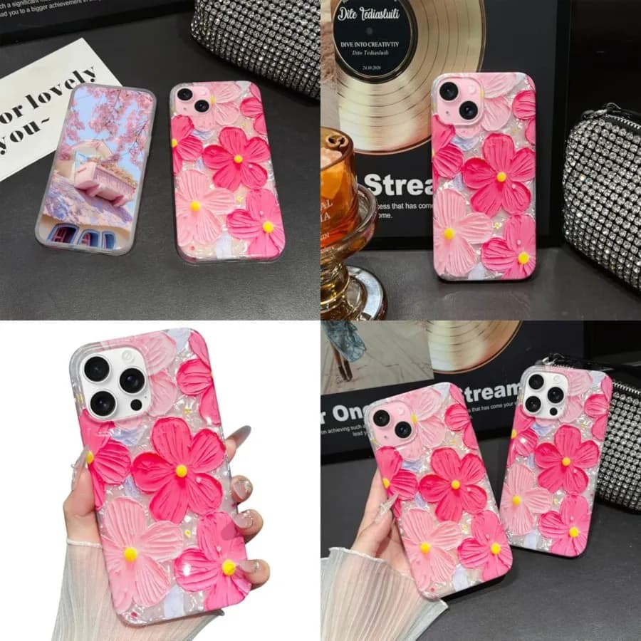 Custodia per iPhone 13 Pro Max da donna, trendy, femminile, estetica, carina, floreale, con fiori, lussuosa, scintillante, in silicone, con ciondoli e laccetto per telefono.