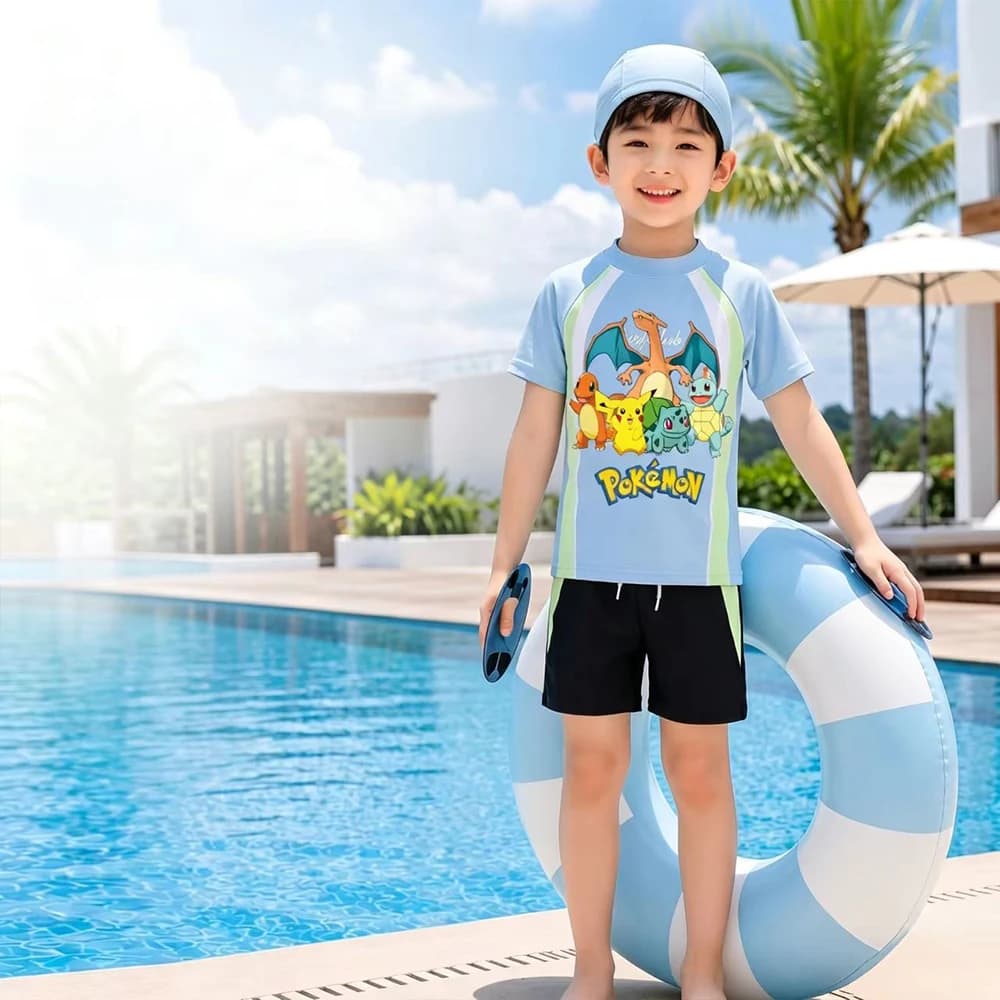 Pokemon Pikachu 3Pcs Kids Swimsuit W/swim Cap Split Bathing Suit Cartoon Child Swimwear for Beach Pool Summer Swimming Outfit