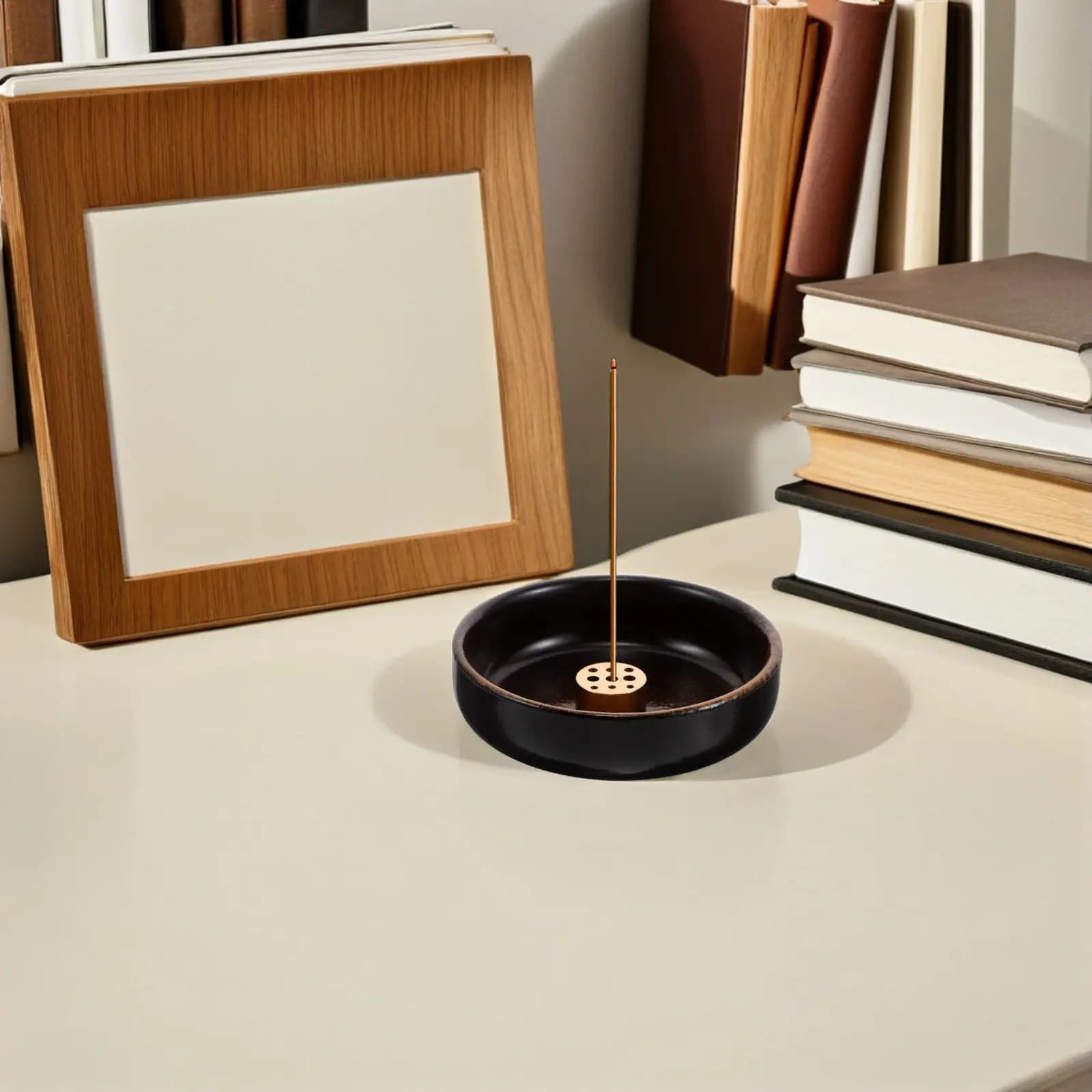 Bruciatore di incenso rotondo in ceramica con vassoio in ottone a 9 fori per incenso in bastoncino, stile giapponese Zen, per meditazione e spa, raccogli cenere, vintage per la casa