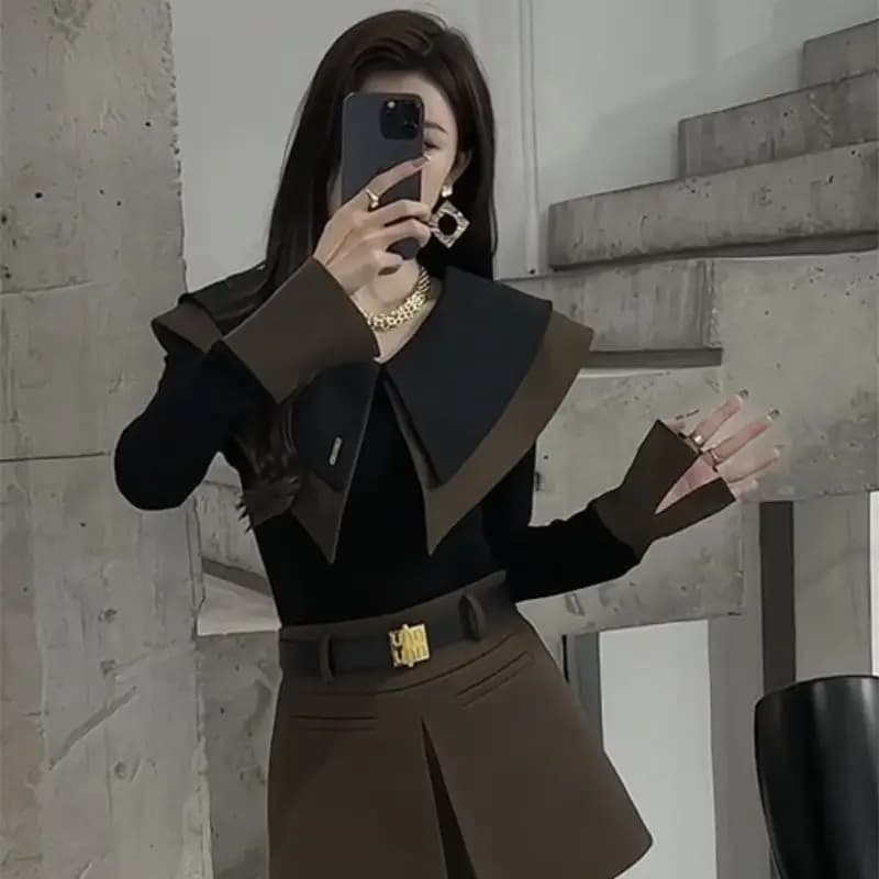 Abbigliamento Femminile, Camicie Patchwork Versatili, Tendenza Coreana Giovanile, Dolci Bluse Primaverili e Autunnali, Nuova Moda, Stile Capitano della Marina, Maniche Lunghe
