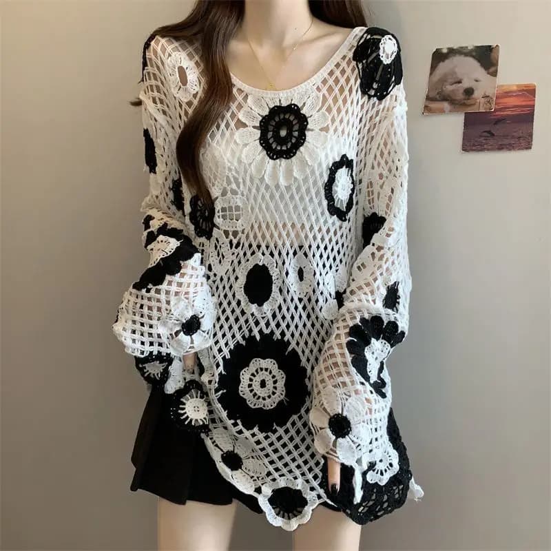 Camicetta lavorata a maglia a maniche lunghe con fiori a gancio francese per donna Top ampio e sottile stile vacanza