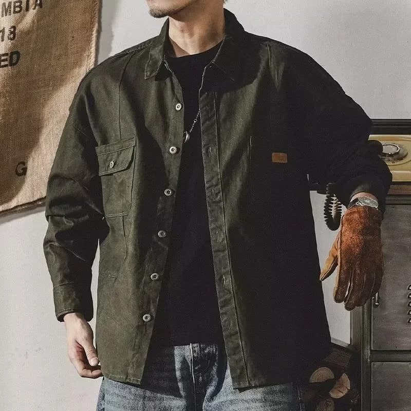 American Style Retro Workwear Shirt Men's Long Sleeve Loose Fit Large Size Hard Man Hunting Jacket Outerwear Spring Autumn Tr...