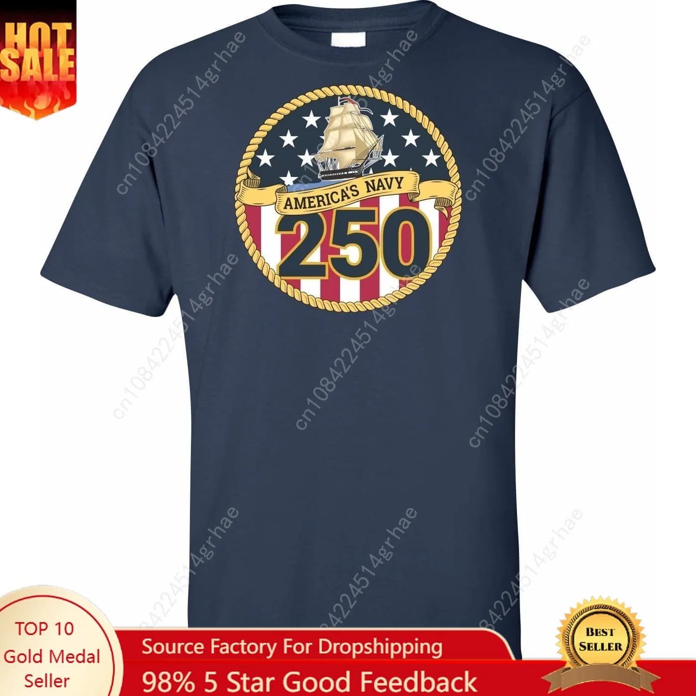 T-shirt con stampa frontale completa del 250° anniversario della Marina degli Stati Uniti