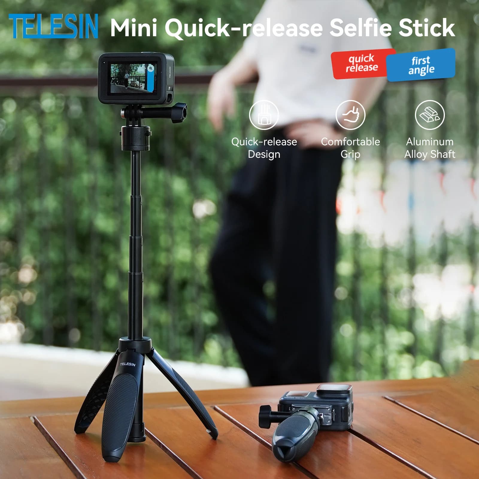 TELESIN Mini Asta Selfie Regolabile da 15cm a 40cm, Treppiede Portatile per GoPro, Insta360, DJI Osmo Action e Action Camera