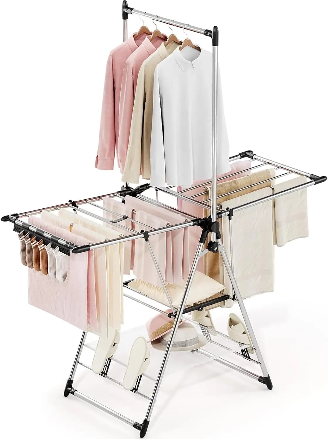 Clothes Drying Rack with High Hanger, Foldable 3-Level Drying Racks with Shoe Rack, Crossbar and Vertical Rod Laundry