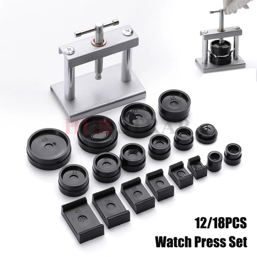 Set Professionale da 12/18 Pezzi per Pressatura Orologi, Strumento per Chiusura Fondello e Matrici di Adattamento, Kit di Strumenti per Riparazione Orologi per Orologiai