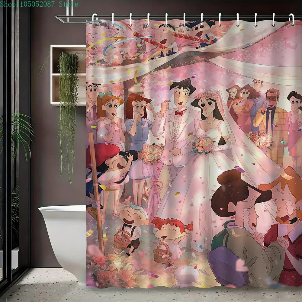 Tenda da doccia impermeabile con stampa 2D di Crayon Shin-chan, scena di matrimonio con tutti i personaggi in festa, motivo floreale rosa romantico e coriandoli