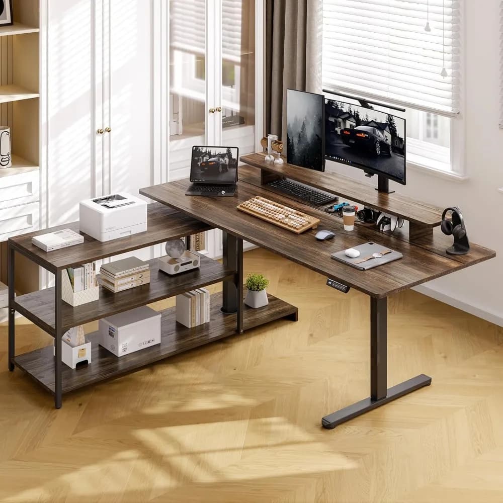 L-shaped stand desk with desk, 63x24' stand up desk with monitor and shelf, adjustable height 28-46