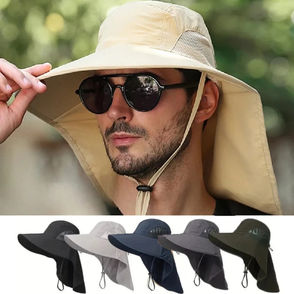 Men's Summer Sun Hat UV Protection Wide Brim Fishing Cap Breathable Outdoor Camping Hiking Panama Hat with Neck Cover bucket hat