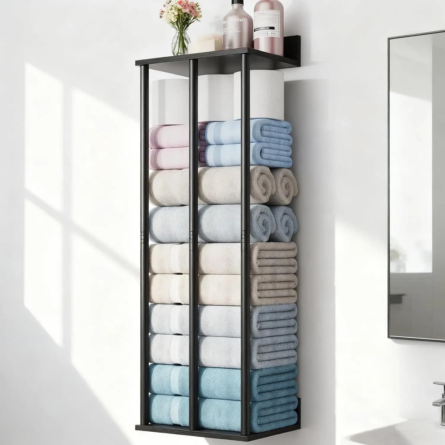 Portasciugamani da Bagno, Portasciugamani Nero da Parete con 3 Barre, Organizzatore per Asciugamani Arrotolati