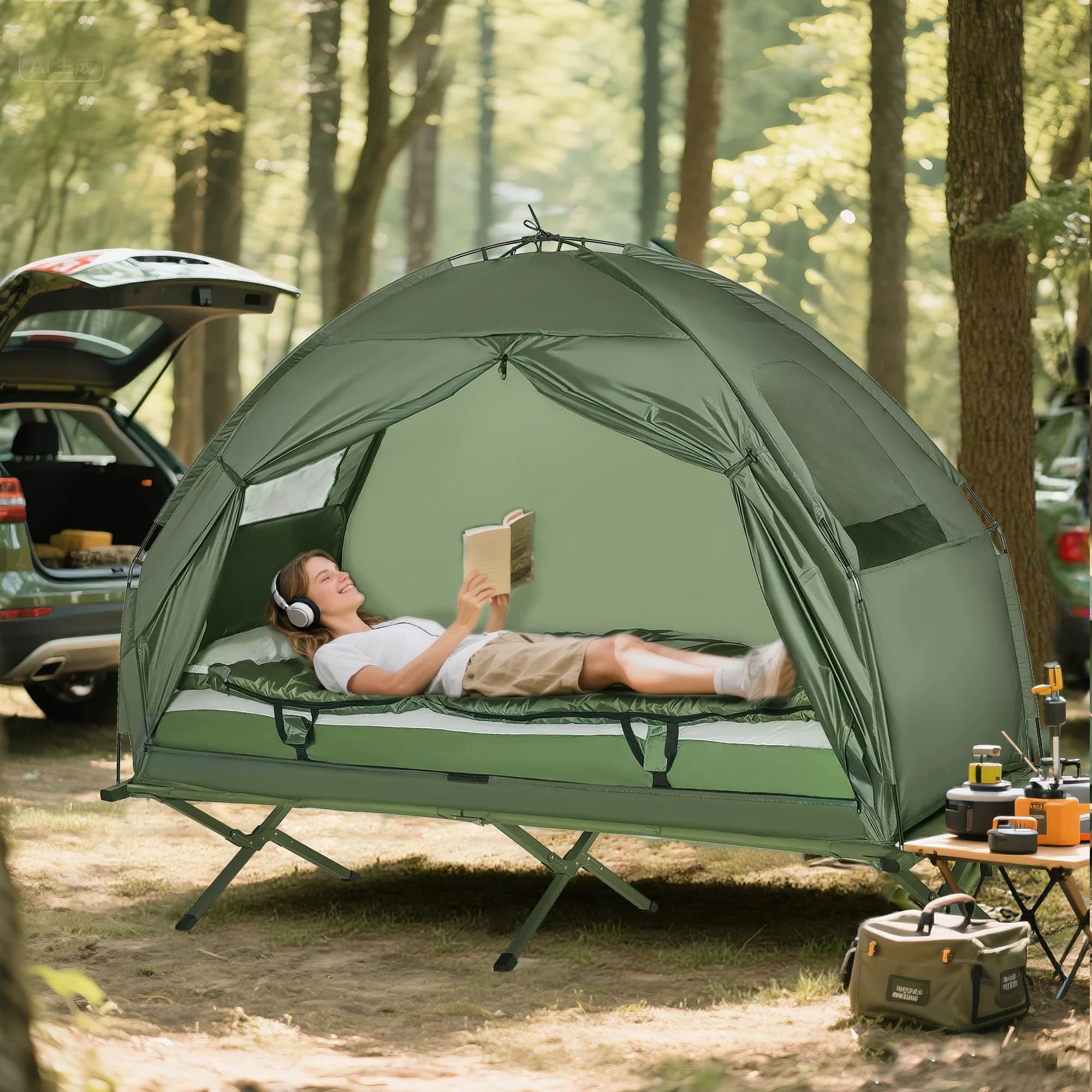 Lettini da campeggio pieghevoli multifunzionali per adulti, tenda rialzata con sacco a pelo, materassino ad aria spesso, lettino singolo portatile per campeggio