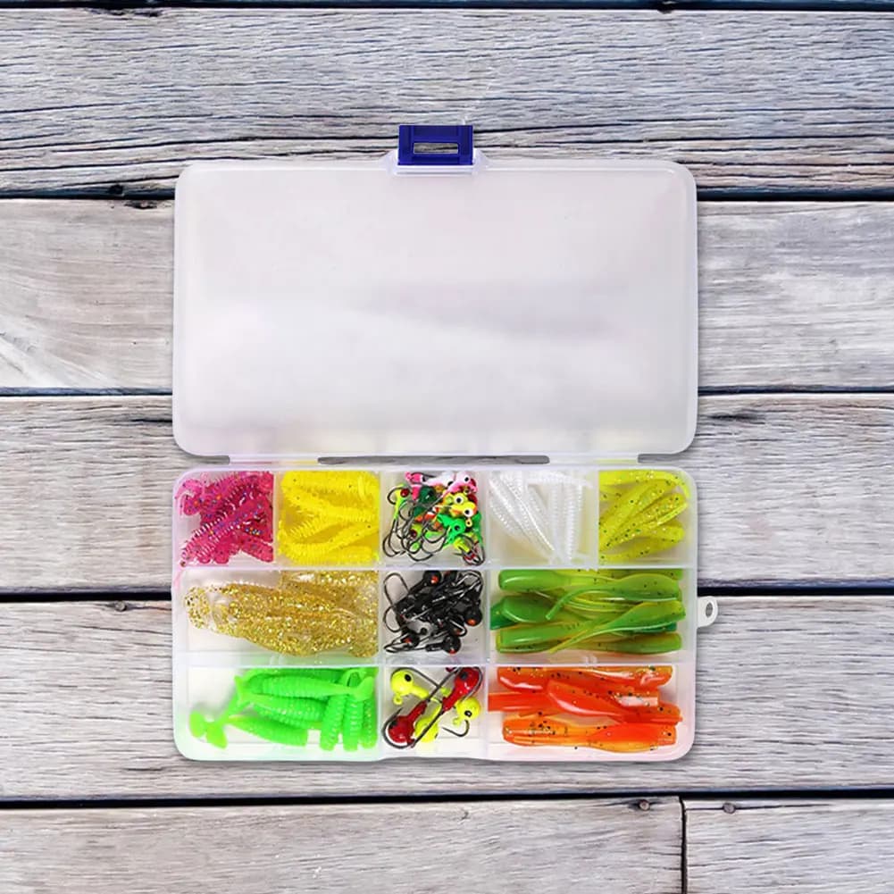 Set of 115 pieces of fishing baits with Jig hooks, Soft baits and Fishing equipment box